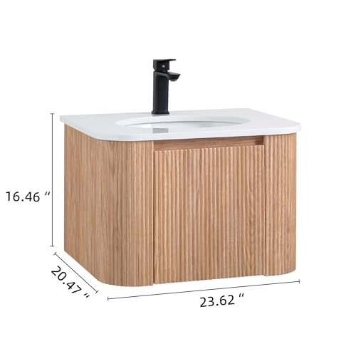 Image of 24 Inch Wall Mounted Bathroom Vanity with Ceramic Sink, Pre-Assembled Floating Vanity Cabinet with Marble Countertop, Wave Texture Finish & Drawer, Wood