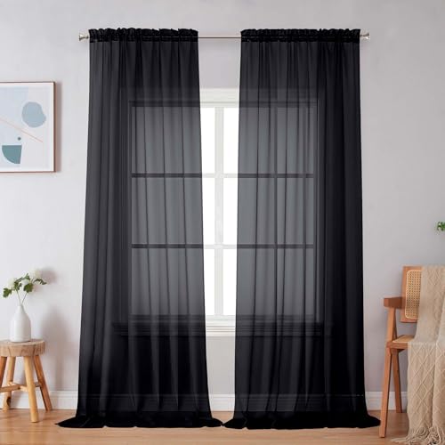Image of Simplebrand Black Sheer Curtains 96 Inches Long, Light Filtering Rod Pocket Solid Color Window Sheer Curtain Panels, Elegant Curtains & Drapes for Living Room, Bedroom 2 Panels (Black, 59 inch W x 96 inch L)