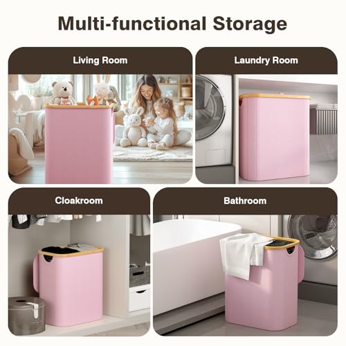 Hampers for Laundry Basket with Lid, 145L Extra Large 3 Section Clothes Divided Organizer for Bedroom, Laundry Room, Dirty Clothing Hamper, Pink