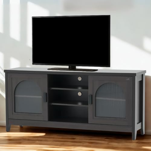 Image of Royaloak Texas American LCD Stand | Wooden TV Cabinet with Melamine Finish and Dark Wooden Color | Elegant Curved Glass Doors with Fluted Design | TV Unit with Storage and Soft Closure Hinges