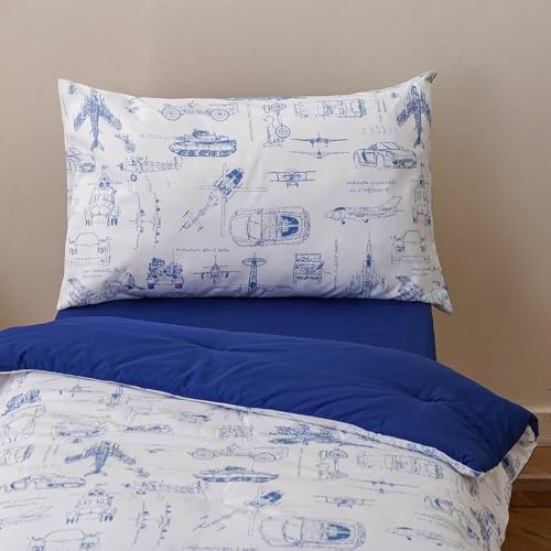 Image of CLOTHKNOW 4Pieces Vehicle Traffic Toddler Bedding Sets for Boys Girls Kids | 4Pcs White Blue Comforter Sets, Cars Airplane Tank Helicopter Pattern, Soft All Seaon Crib Bed Sets
