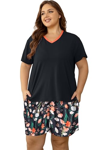 Image of Vozanet Women's Short Sleeve Top and Shorts Pajama Sets Plus Size V Neck Colorful Flower Nighty Loungewear With TWO Pockets