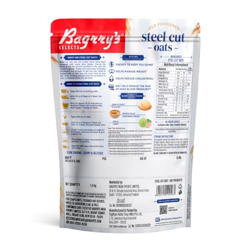 Image of Bagrry's Steel Cut Oats 1.5kg | High in Fibre & Protein | Non-GMO | No Added Sugar | Old-Fashioned Oats | Weight Management | Regulates Cholesterol | Healthy Breakfast Cereal | No Added Preservatives