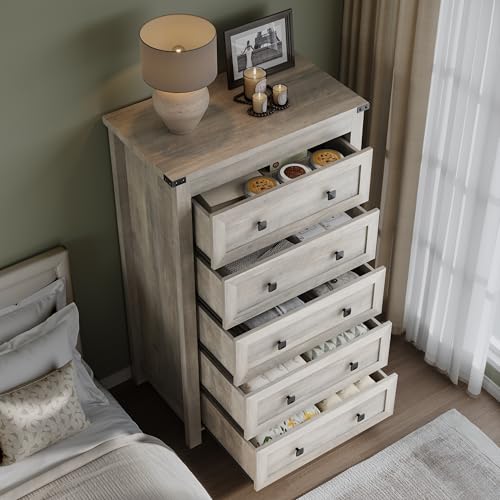 Image of BORNOON Tall 5-Drawer Dresser, Modern Wooden Storage Chest of Drawers, Dresser TV Stand, Wood Drawer Organizer with Metal Handles for Bedroom, Living Room, Hallway