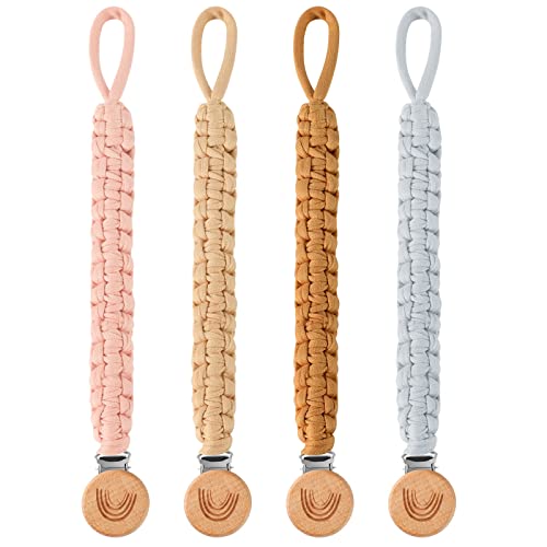 Image of 4 Pack Pacifier Clip for Boys Girls Leash Boho Rainbow Wooden Clips Handmade Braided Pacifier Holder Binky Clips for Baby Shower Birthday Gift