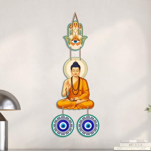 Image of Artvibes Buddha Blessing Wall Hanging with Hamsa Hand & Evil Eye Accents | Decorative Spiritual Hanging for Home Protection | Wooden Decor for Entrance | Positive Energy Wall Art (WH 85102N)