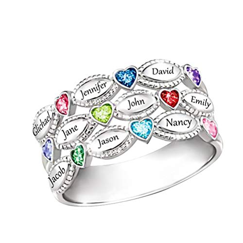 Personalized Family Ring Engraved 9 Names & Birthstone Rings 925 Sterling Silver Custom Name Rings(Silver 3.5)