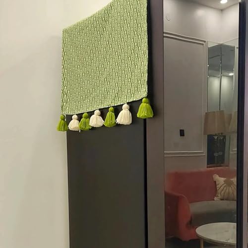 WWW.THROWPILLOW.IN Floral Zing & Green Fridge Top Cover with Tassels - Washable Fridge Cover Without Pocket for Side by Side Door Fridges >500L, Diwali Home Decor, Gifting, Size 60x140 cm