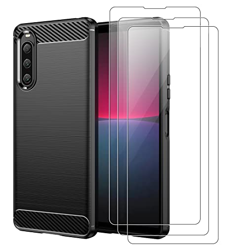 MEMELOKA Funda para Sony Xperia 10 V y 3 Piezas Cristal Templado, Suave TPU Silicona Delgada Anti-Choques Case, Antiarañazos Fibra de Carbono Carcasa Sony Xperia 10 V, Negro