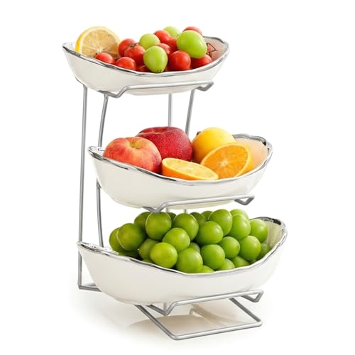 MEIGLQEA Gold Silver Fruit Bowl with Metal Stand, 3 Tier Ceramic White Fruit Bowl Fruit Rack for Kitchen Counter, Tiered Fruit Basket for Snacks Bread Candy Storage (White B (Smooth Surface))