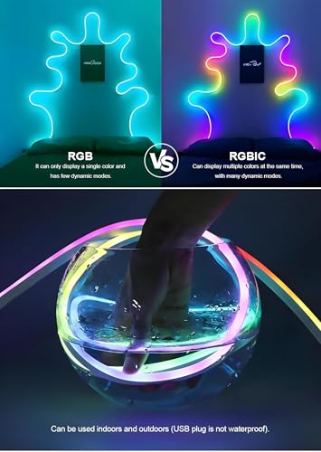 Image of Smart RGBIC Neon Strip 5m, IP65 Flexible & Foldable, Music Modes, App Control, Timer, Dynamic Modes, Powered for Adapter, TV, Power Bank (RGBIC NEON)