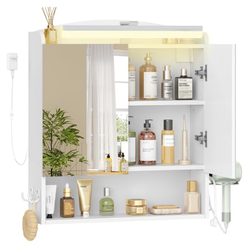 Hzuaneri Armario de Baño, Espejo y Luz LED, Enchufe, 16,5 x 60 x 68,5 cm