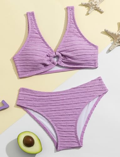 Image of SEAUR Girl's Cute Two Piece Bikini Set High V Neck Ribbed O-Ring String Swimsuits Textured Bathing Suit