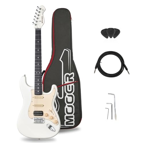 MOOER Electric Guitar Kit Practice Guitar Binginner, HSS Pichup, Solid Poplar Body, Roasted Maple With Gig Bag, Guitar Cable, Three Kinds Of Guitar Picks For Starter, Performance, MSC10 Pro White