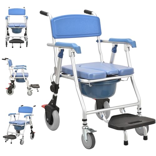 Chaise Percée Adulte à roulettes, Chaise de Douche de Toilette Multifonction avec Coussin Moelleux et Urinoir, Siège de Douche Pliable pour Seniors Ne Dépassant Pas 150kg