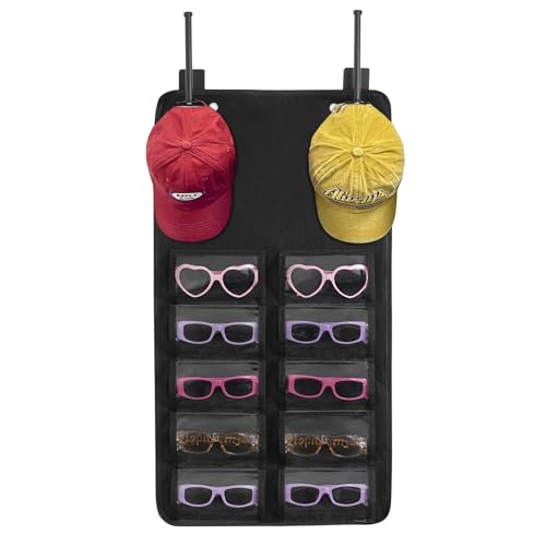 Sunglasses Organizer with 2 Pack Hat Rack for Wall, Adhesive or Drilling Hat Organizer for Baseball Caps, Space Saving Hat Hooks Hangers for Wall, Door, Closet, Home Storage for Hats & Sunglasses