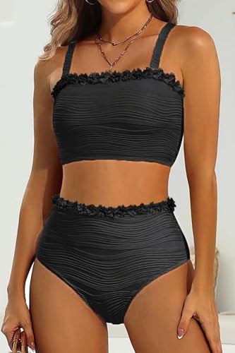 Image of High Waisted Bandeau Bikini Set - Women Strapless Two Piece Swimsuits Ribbed Longline Full Coverage Bathing Suits Swimwear