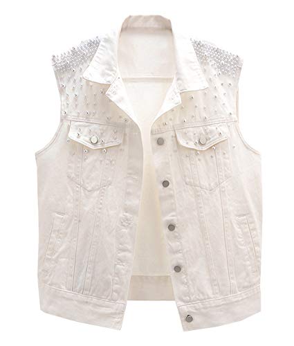 LifeShe Womens Casual Beading Pearls Pink Sleeveless Denim Vest Jean Jacket Coat