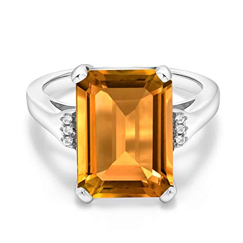 Gem Stone King 8.27 Cttw Yellow Citrine Engagement Ring For Women | 925 Sterling Silver | Emerald Cut 14X10MM | Gemstone Birthstone | Available in size 5, 6, 7, 8, 9
