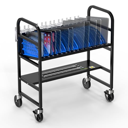 Image of 16-Device Laptop and Tablet Charging Station, Open Charging Cart with Cord Charger Management, Grounding Protection - Chromebook Organizer for Classroom, Office and Libraries