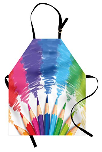 Lunarable Colorful Apron, Colorful Crayons and Pencils Student Design Theme Sketch Style, Unisex Kitchen Bib with Adjustable Neck for Cooking Gardening, Adult Size, Pink