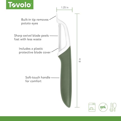 Image of Tovolo Vegetable Peeler with Ultra Sharp Stainless Steel Swivel Blade Non Slip Handle, Multi Functional Dishwasher Safe Kitchen Wide Ribbon Potato Peeler for Fruit Veggies Carrots Apples, Thyme Green