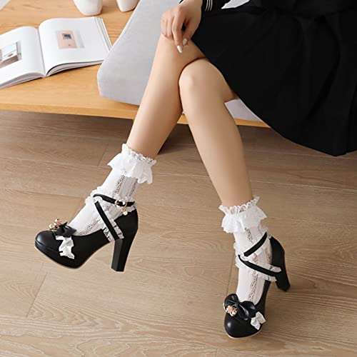 Image of FOREADA Lolita Shoes Platform Mary Jane Heels Kawaii Bow Lace Pearl Pumps | Vintage kawaii lolita styling ideal for dresses, with bead, lace, bow, ankle strap, pink, white and classic black colors