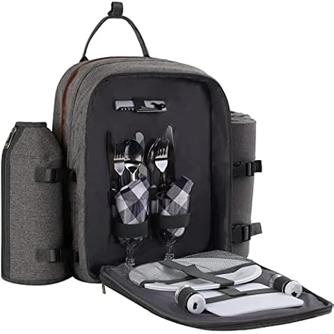 ALLCAMP OUTDOOR GEAR Picnic Backpack for 2 Person W/ Detachable Bottle/Wine Holder, Fleece Blanket, Plates and Cutlery Set (Grey) Cover
