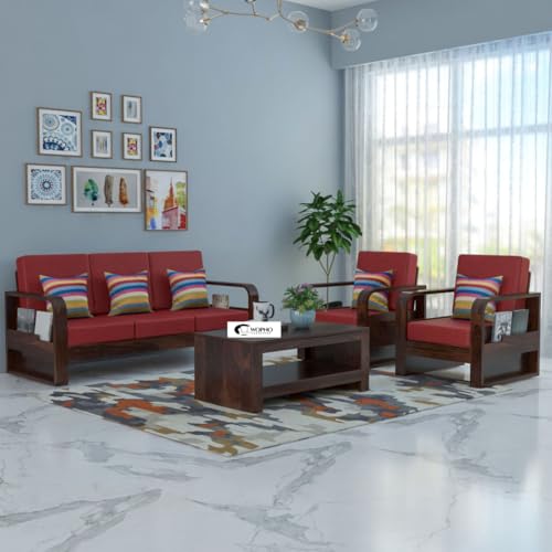 Image of Solid Sheesham Wooden 5 Seater Sofa Set for Living Room | Sofa Set with Side Pocket Storage & Cushion | Rosewood Sofa Set for Home (Walnut with Red Cushion, 5 Seater)