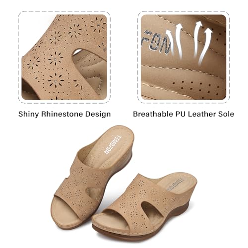 Image of TEMOFON Women Wedge Sandals Dressy: Comfortable Lightweight Summer Shoes | Low Wedge Heel - Fit Wide Feet - Comfy Stylish Slip on Sandals Size 5-11