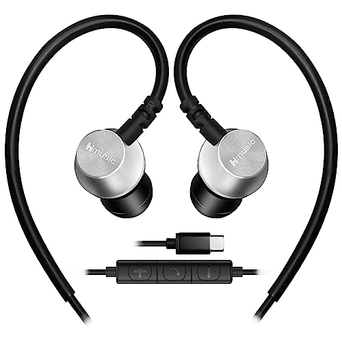 Hmusic Sports Earbuds Wired with Microphone, USB Type C Metal Shell Earplugs in-ear Headphones with Over Ear Hook Earphones for Sports, Running, Workout, Exercising, Gym (Silver)