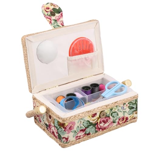 Sewing Box,Wooden Sewing Basket with Organiser Tray Compartments,19.5x13x10CM Seaming Kits Carrying Bag for Storage,Vintage Filled Mending Box for Beginner & Professional(Flower Colour)