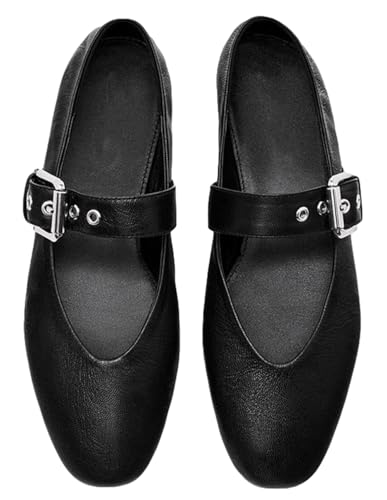 Women's Mary Jane Flat Shoes Comfort Leather Platform Buckle Ankle Strap Flats Trendy Slip On Lightweight Office Work Shoes