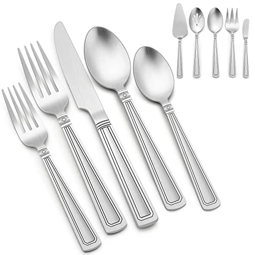 65-Piece Heavy Duty Silverware Set, E-far Stainless Steel Flatware Cutlery Set with Serving Utensils Service for 12, Antique Metal Tableware Eating Utensils for Kitchen Restaurant, Dishwasher Safe