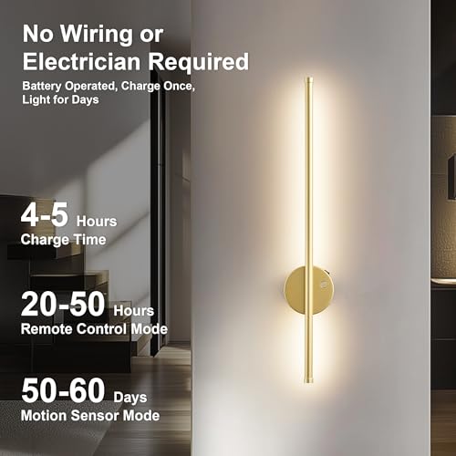 Image of KARTOOSH Gold Battery Operated Wall Sconce Set of Two with Motion Sensor | Rechargeable Wireless Wall Lights with Remote Control, Dimmable, 3000K /4000K /6000K, Timer for Living Room, Hallway,23.6 Inch