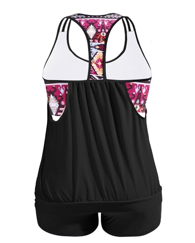 Image of Womens Plus Size Tankini Swimsuit Two Piece Tummy Control Bathing Suit | Blouson Racerback Tankini Top with Shorts, Double Up Design, Removable Pad