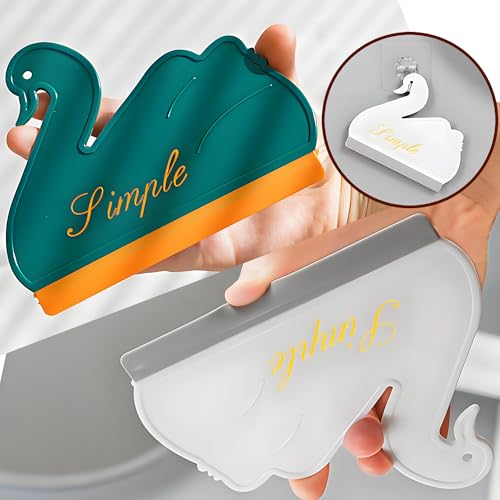 Image of Squeegee Bathroom Glass Door Cleaning Scraper with Hanging Hook, Silicone Mini Kitchen Countertop Squeegee, Water Wiper Scraper for Sink Tiles Cleaning Tools (Swan 2PCS)
