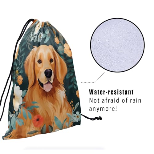 Image of Nerxy Golden Retriever Dog Grip Bag - Floral Puppy Drawstring Gymnastics Small Grip Bag Lightweight Storage Bag for Personal Equipment