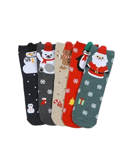 Christmas Socks, Adult Size UK 2-6, 5 Pairs Festive Winter Designs with Santa, Snowman, Penguin, Polar Bear and Gingerbread Man. Perfect for Xmas Eve Boxes.