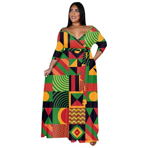Image of Nmoder Plus Size Maxi Dress for Women - Summer Casual 3 /4 Sleeve Floral Flowy Long Dress with Belt XL- 6XL