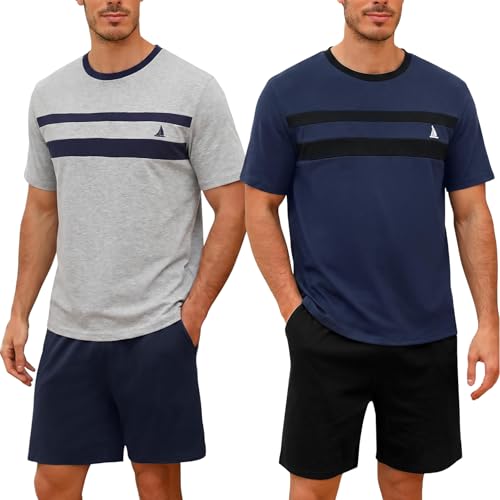 Pyjama court homme coton ensemble bicolore col rond avec poches latérales