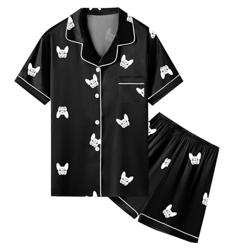 Image of Umeyda Women & Girls Pajamas Set, Soft Satin Lightweight Silk Button-Down Top with Shorts 2 Piece PJS for Mom Boys Kids Gifts