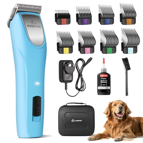 FuzzyFix Professional Dog Clippers for Grooming - 2 Speed Pet Grooming Kit for Thick Curly Matted Coats - Low Noise Heavy Duty Cordless Hair Trimmer with Detachable A5 Metal Blade for Animal/Pet/Horse