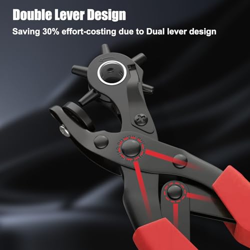 Image of Diyife Leather Hole Puncher, Full Set Punch Tool Kits for Belt, Watch Band, Shoe, Crafting, Handbag Straps, Fabric, with Extra Punch Plates and Ruler, Multi Hole Sizes Make, Red