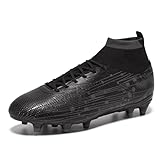 Klenvirola Men and Women Soccer Cleats High Top Football Boots Lightweight Lace Up with Grip Studs for Training and Matches Black/Grey