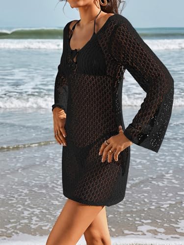 Eomenie Women's Crochet Swimsuit Cover Up Knit Long Sleeve Bathing Suit Coverups 2025 Summer Swimwear Beach Dress4