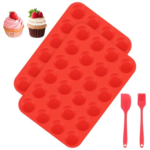 FIHODONE 2 stampi per muffin in silicone 24 Cavity Mini muffin, pirottini in silicone, facili da pulire, antiaderente, lavabili in lavastoviglie, colore: rosso