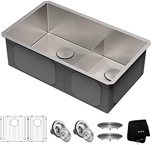 Kraus KHU103-32 Standart PRO 32 inch 16 Gauge Undermount 60/40 Stainless Steel Set (8 Item Bundle: Sink, Bottom Grid Assembly, Drain Cap x2, Kitchen Towel), 32, 50/40 Double Bowl, Silver