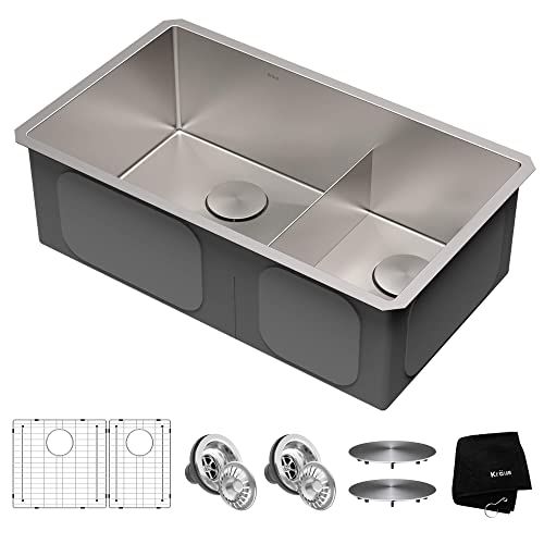 Standart PRO 32 inch 16 Gauge Undermount 60/40 Stainless Steel Set (8 Item Bundle: Sink, Bottom Grid Assembly, Drain Cap x2, Kitchen Towel), 32, 50/40 Double Bowl, Silver - Kraus KHU103-32