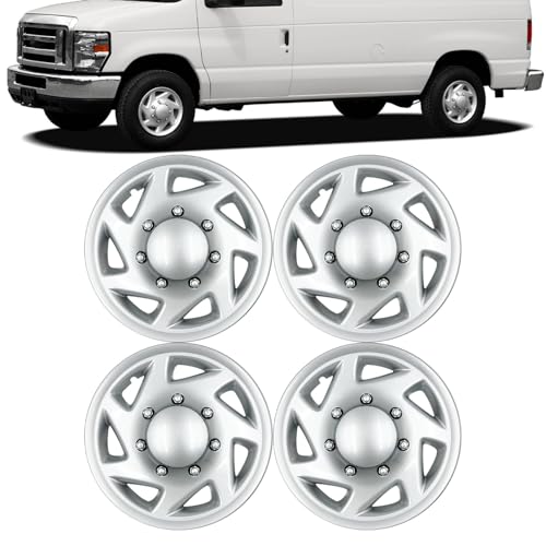 F8UZ-1130-AA Hubcaps Wheel Cover Compatible with 1998-2023 Ford Econoline Van E-250/E-350/E-450 16 inch Wheel Covers Replace F8UZ-1130-AACP Silver (Set of 4)
